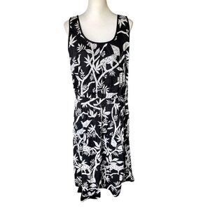 Talbots Black and White Tiger and Jungle Leaf Print Cotton Midi Dress, Size 16